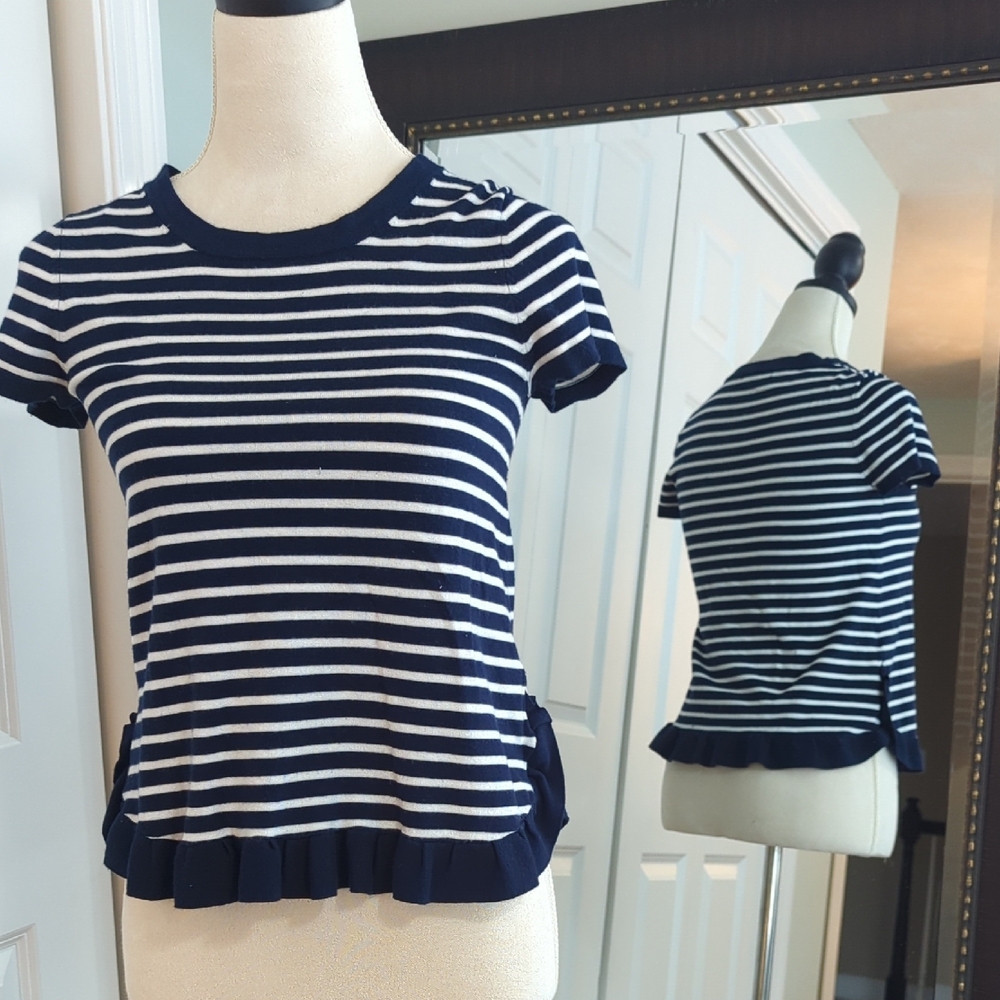 Adrianna Papell Blue and White Fitted Peplum Sweater